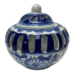 Vintage Blue White Porcelain Pierced Jar with Lid Chinoiserie Floral Motif